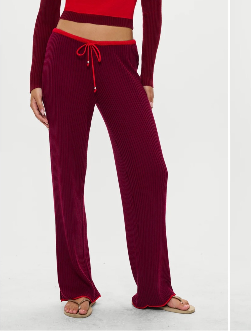 Frankie's Bikinis Ribbed Wide-Leg Pants in Burgundy with Red Trim